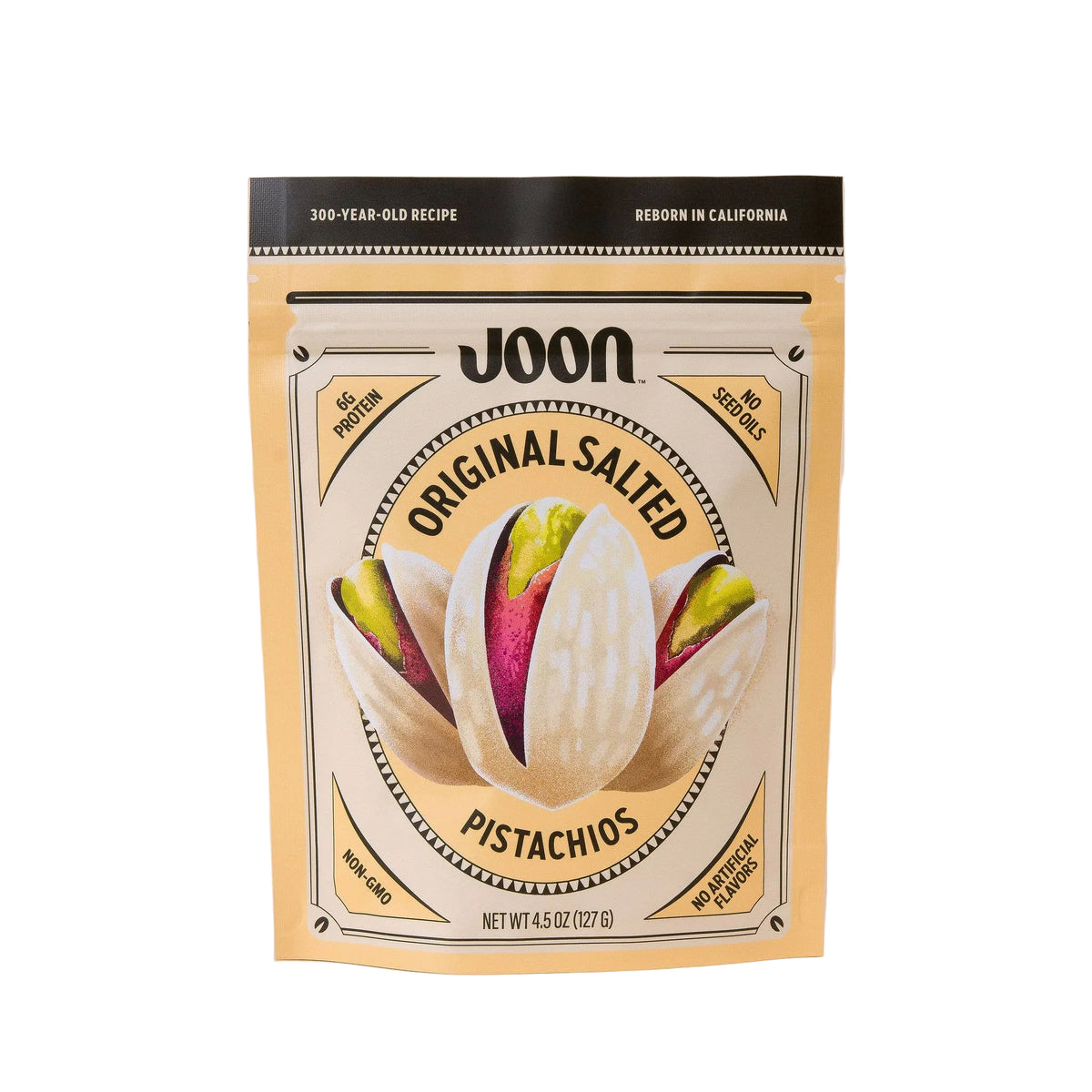 Packaging of Joon Original Salted Pistachios on a beige background