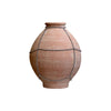 A terracotta clay vase with a rounded body, short neck, and small footed base, decorated with silver chain accents forming geometric lines, shown on a white background.