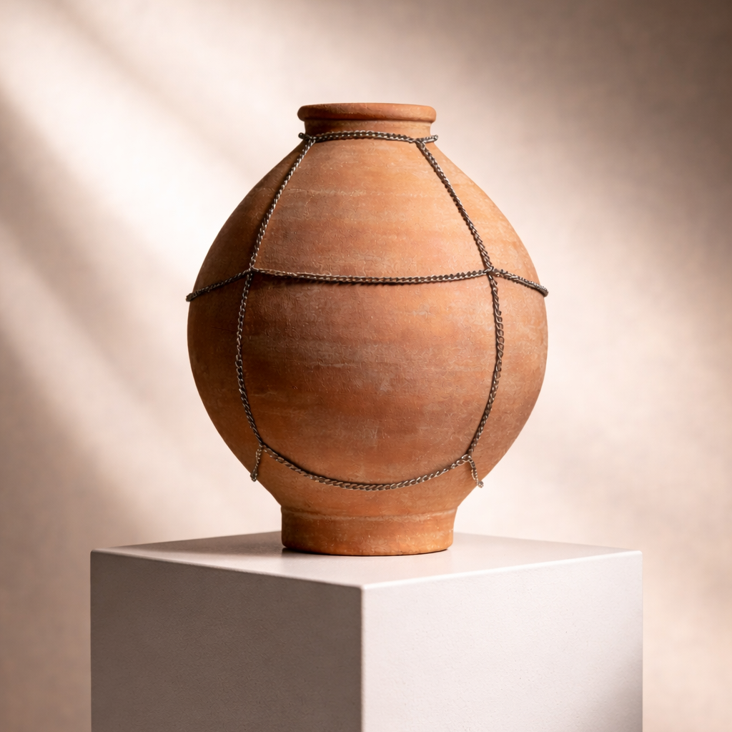 A terracotta clay vase with decorative dark cord wrapped lines, displayed on a white pedestal against a warm beige background with soft diagonal shadows.