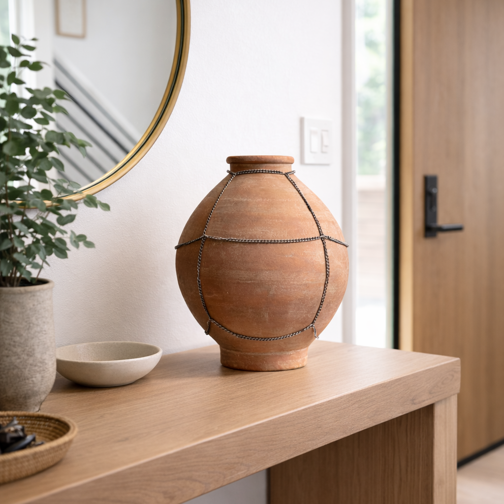 A terracotta clay vase with a rounded bulbous shape and dark cord-like decorative lines, displayed on a light wood console table in a modern interior setting.