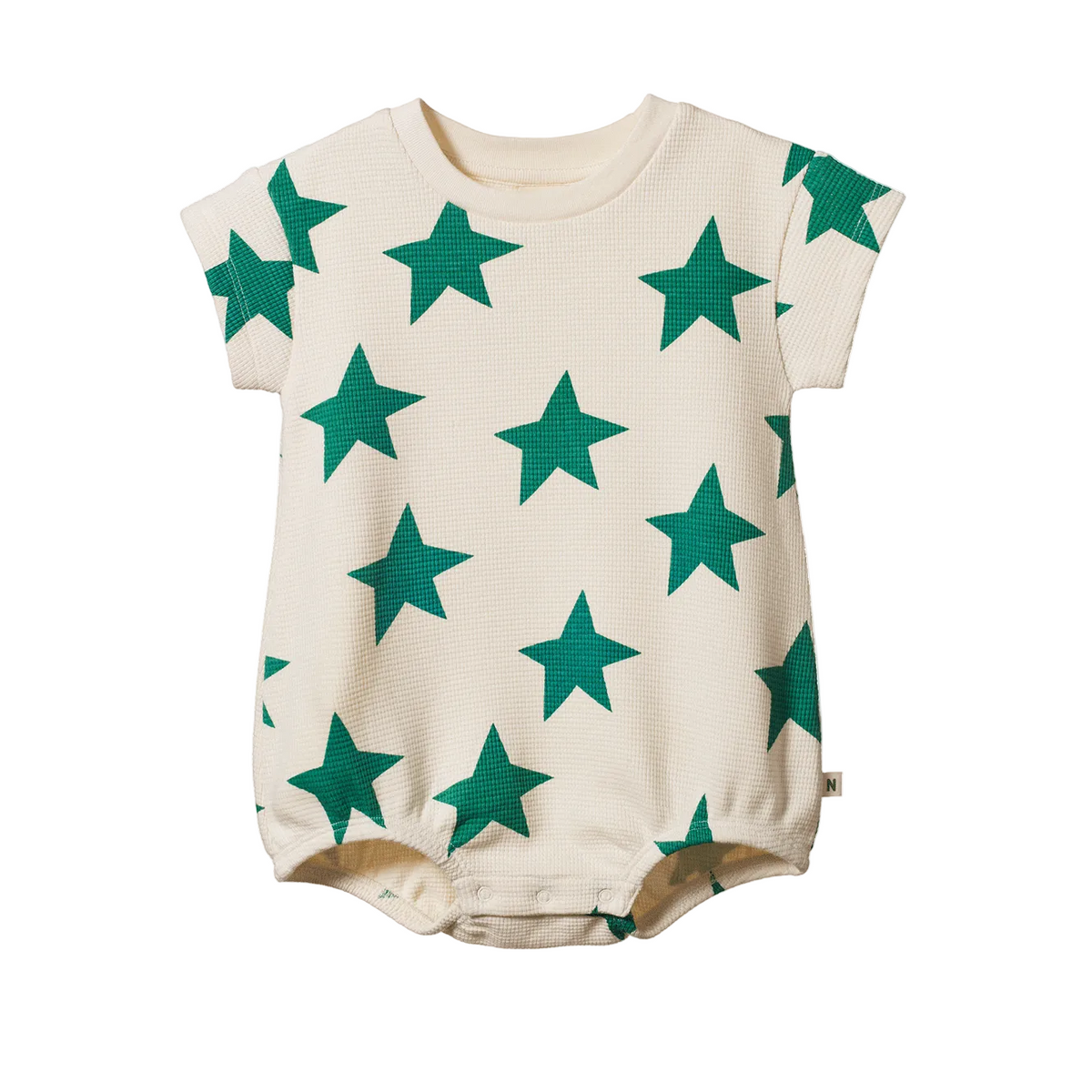 Baby romper with green star pattern on a white background