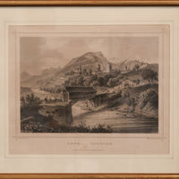 Vintage black and white print of a mountainous landscape with a bridge over a river, framed in brown.