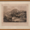 Vintage black and white print of a mountainous landscape with a bridge over a river, framed in brown.