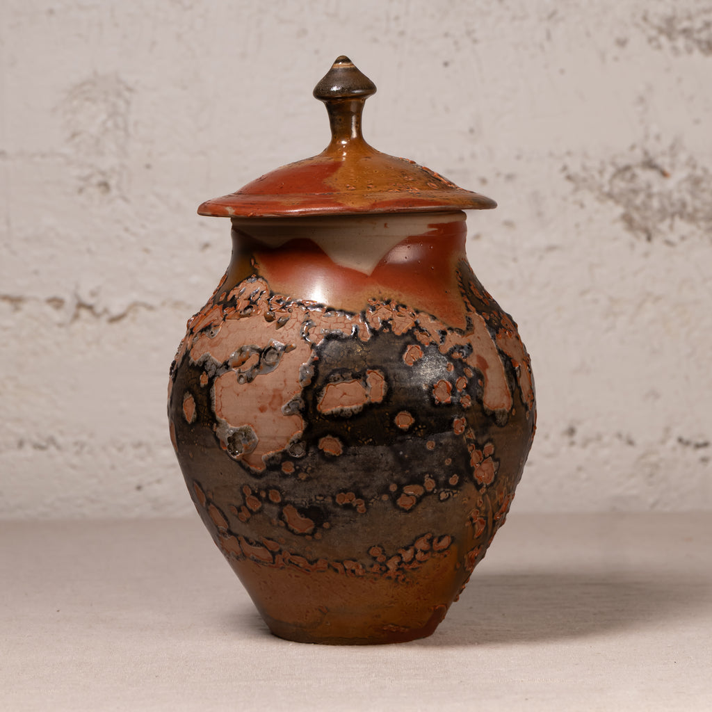 A handmade ceramic lidded jar with a rounded body, featuring a glossy brown and black mottled glaze with terracotta orange patches, set against a textured light gray wall.