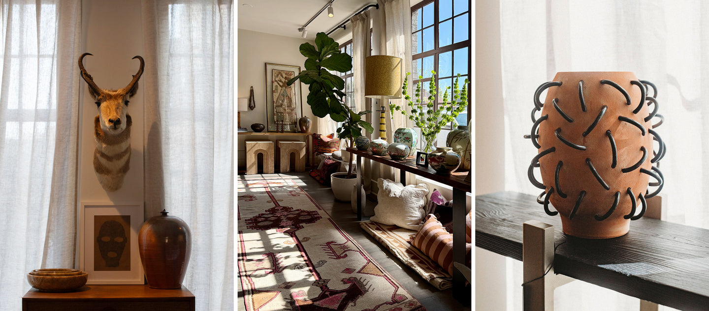 interior design with deer head, rug, vase, and plants.