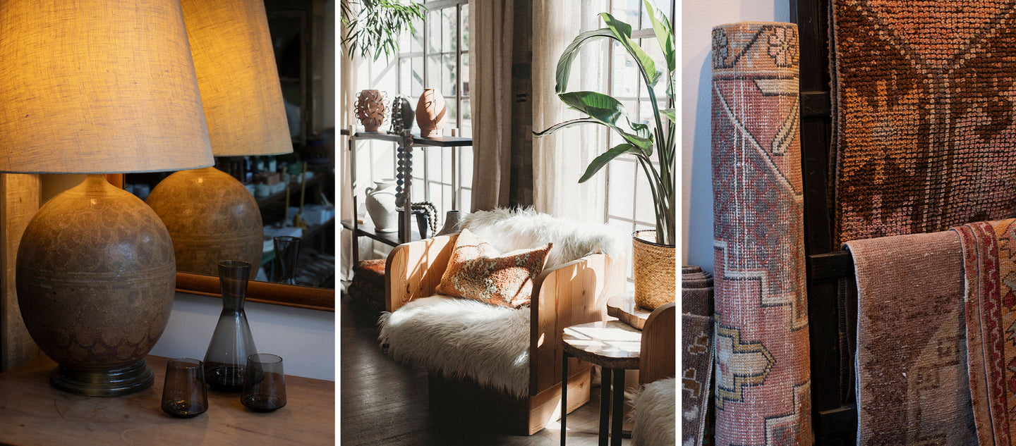 cozy living room with lamps, rugs, and seating.