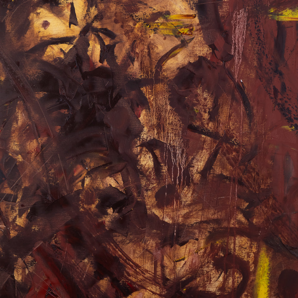 Abstract painting with layered expressive brushstrokes in dark brown, black, warm beige, and rust tones, with small areas of yellow and white paint.