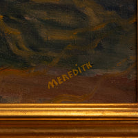 Close-up of an oil painting showing dark green and brown brushstrokes with the name 'MEREDITH' painted in gold lettering, above a gold-toned painted frame.