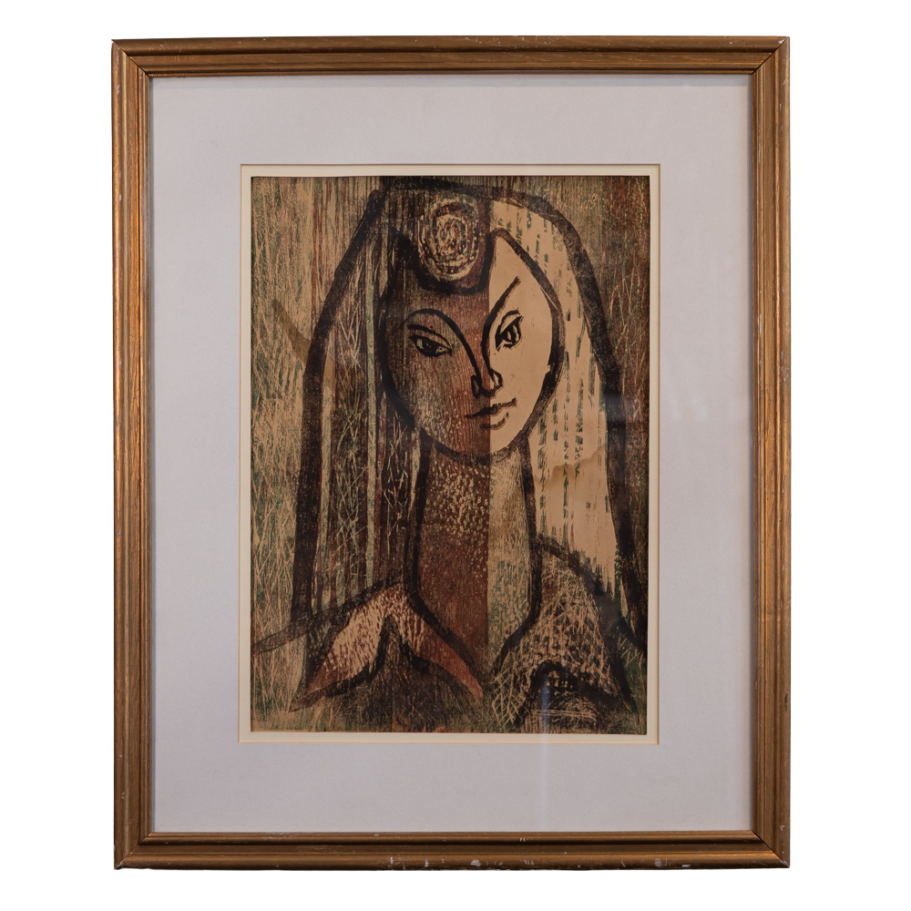 A framed art print featuring a stylized portrait of a woman in earthy brown and beige tones, enclosed in a light gray mat and a warm brown wooden frame.