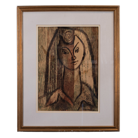 A framed art print featuring a stylized portrait of a woman in earthy brown and beige tones, enclosed in a light gray mat and a warm brown wooden frame.