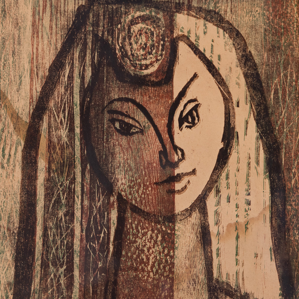 A close-up artwork of a stylized face with a split-toned expression, rendered in earthy brown, beige, and black with textured brushwork.