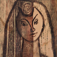 A close-up artwork of a stylized face with a split-toned expression, rendered in earthy brown, beige, and black with textured brushwork.