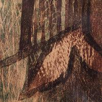 A textured, abstract forest scene artwork showing dark brown and black tree trunks with a large brown and beige mountain or hill shape in the foreground.