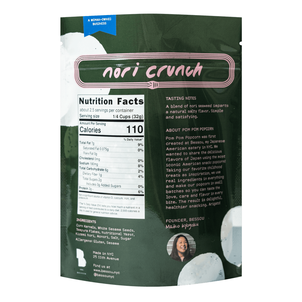 Nori crunch snack package with nutrition facts and branding details.