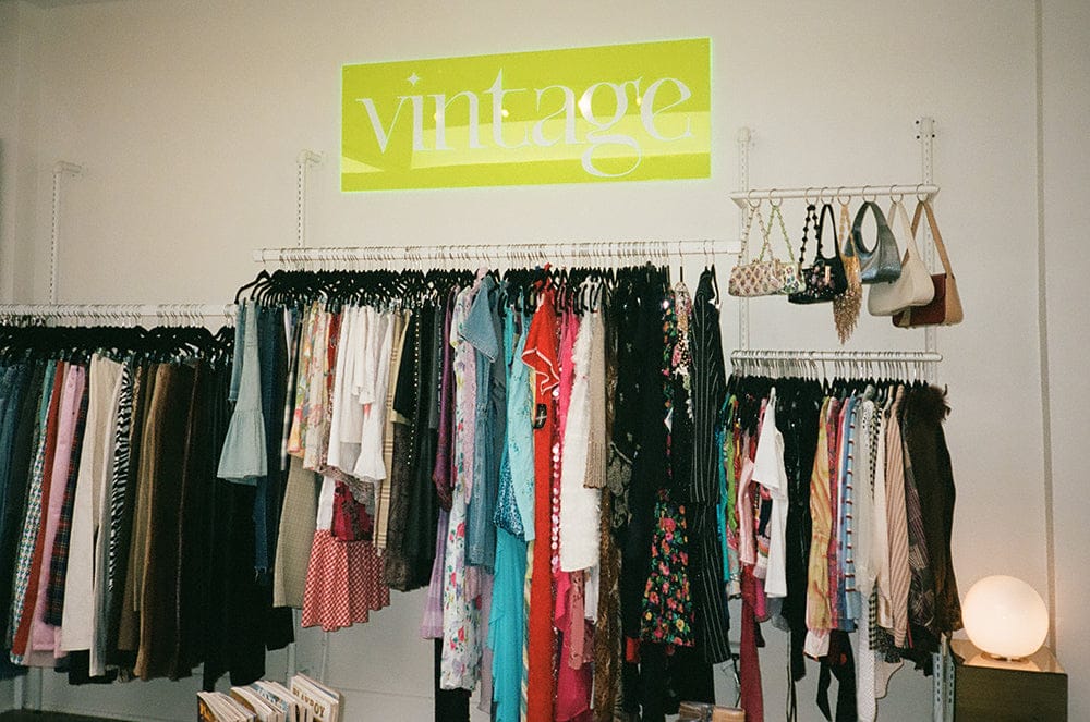 Vintage clothing rack in a relic shop.
