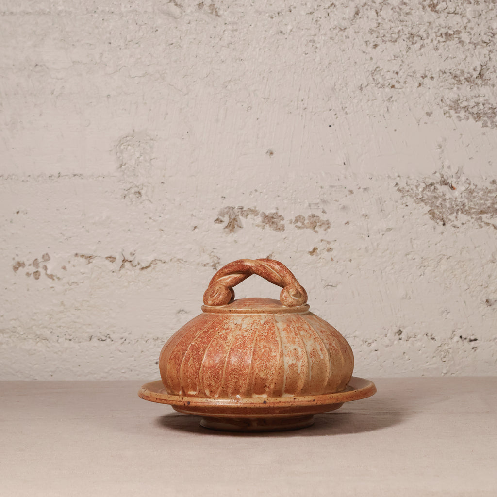 Ceramic container with lid on a textured surface