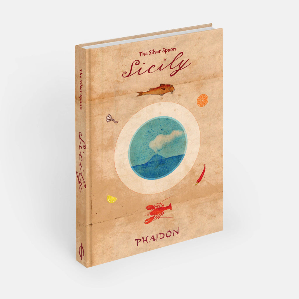 A hardcover book titled "Sicily" by Thaidon, featuring a textured beige cover with a central circular illustration of blue water and white clouds, surrounded by small red, yellow, and orange sea-themed illustrations.