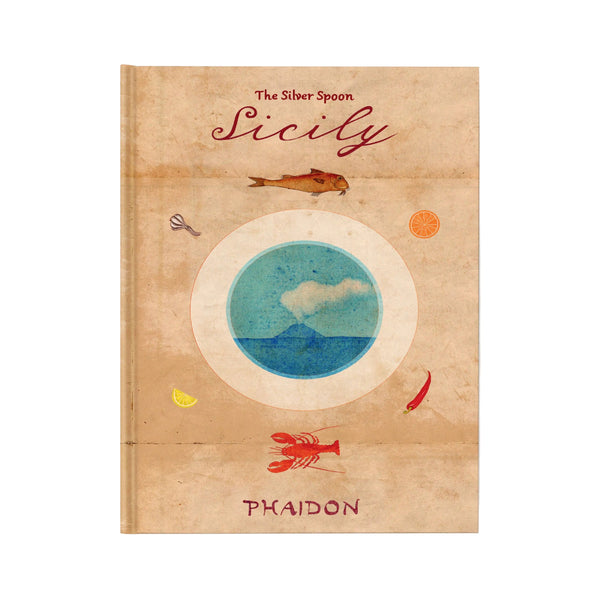 The Silver Spoon: Sicily cookbook by Phaidon, featuring a vintage-style illustrated cover with a beige parchment background, a central blue bowl graphic, and red and orange food illustrations.