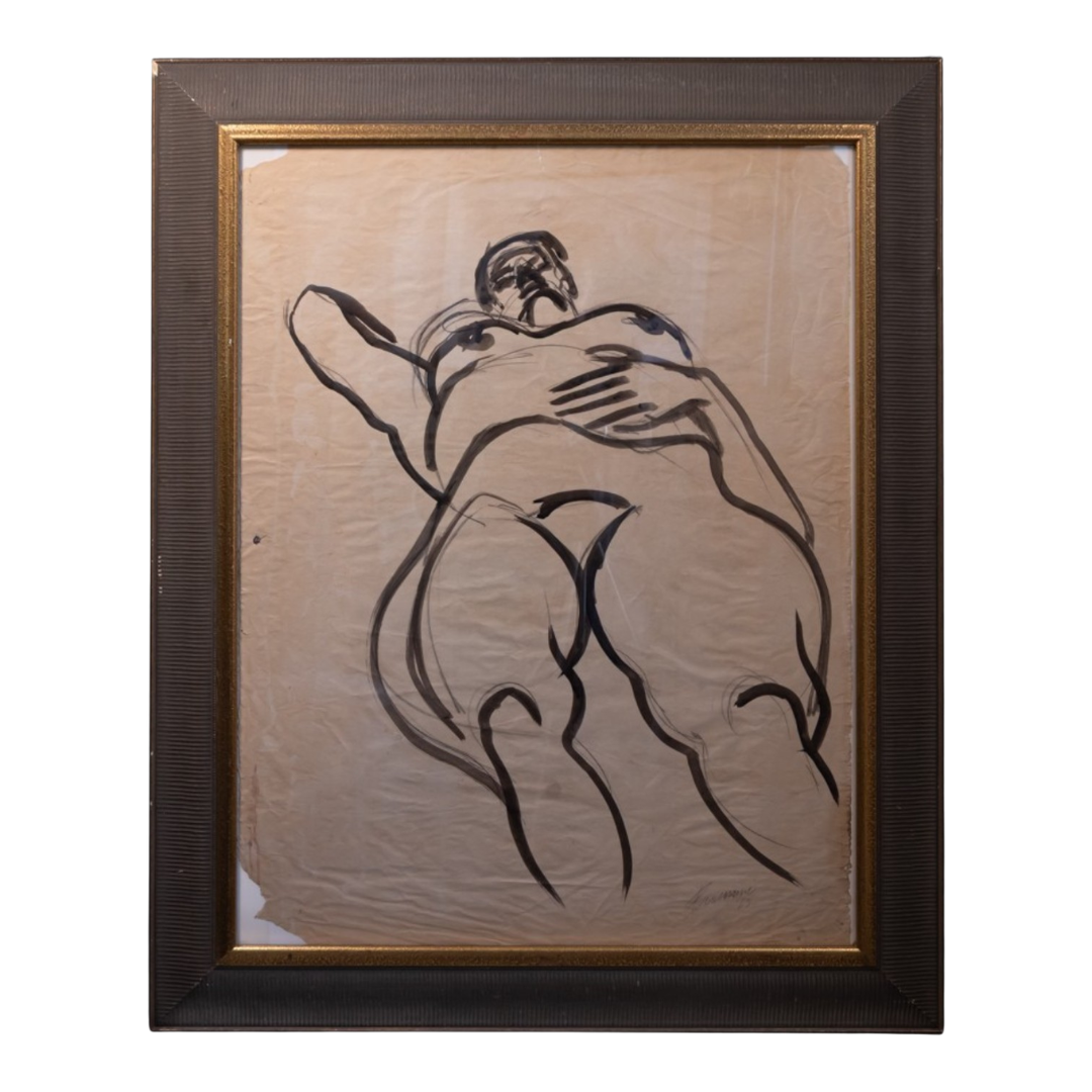 A framed abstract art print featuring a black line drawing of two embracing figures on a textured beige background, enclosed in a dark brown textured frame with a gold inner border.