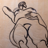 An abstract black ink sketch of a muscular male figure on a textured beige paper background.