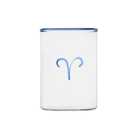 White tumbler with blue rim and blue Aries symbol on a white background modern nomad home decor store denver colorado CO