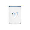 White tumbler with blue rim and blue Aries symbol on a white background modern nomad home decor store denver colorado CO