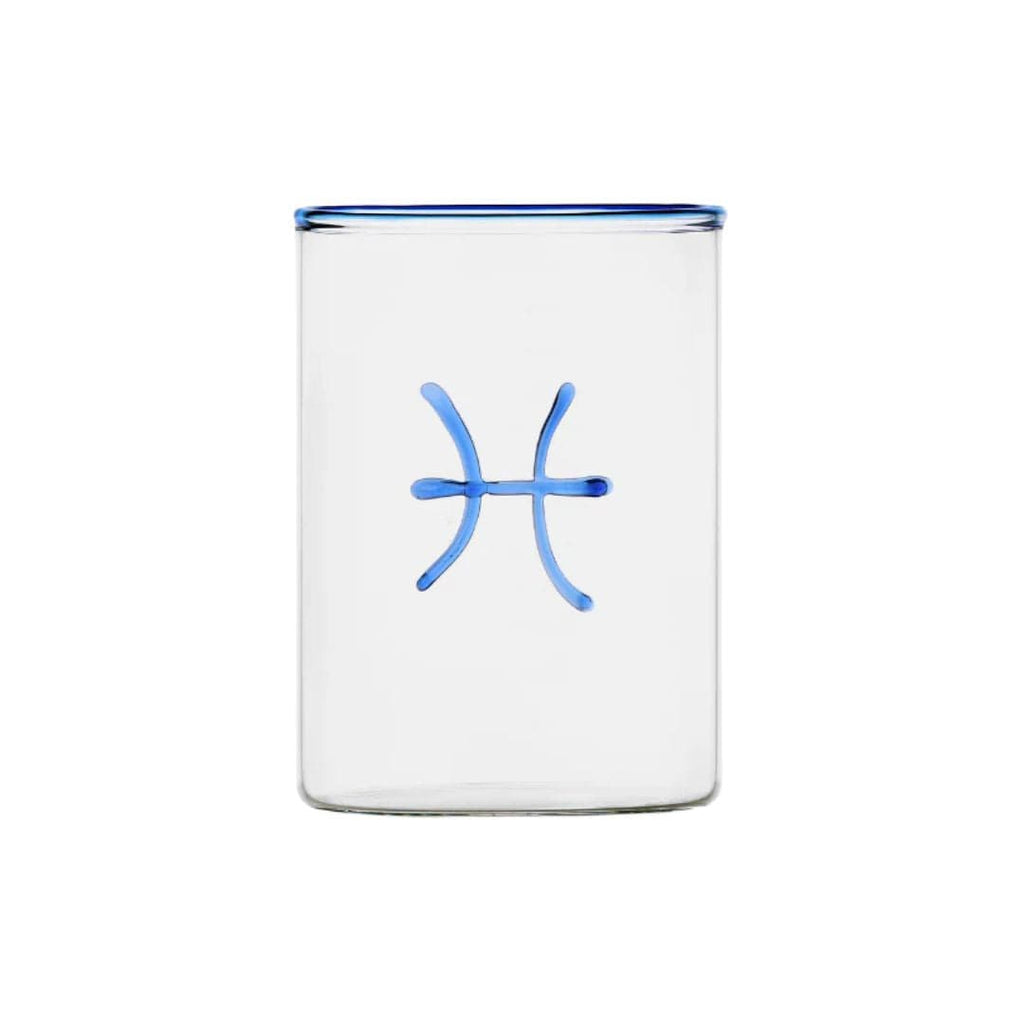 clear glass tumbler with blue rim and blue pisces symbol modern nomad home decor store denver colorado CO