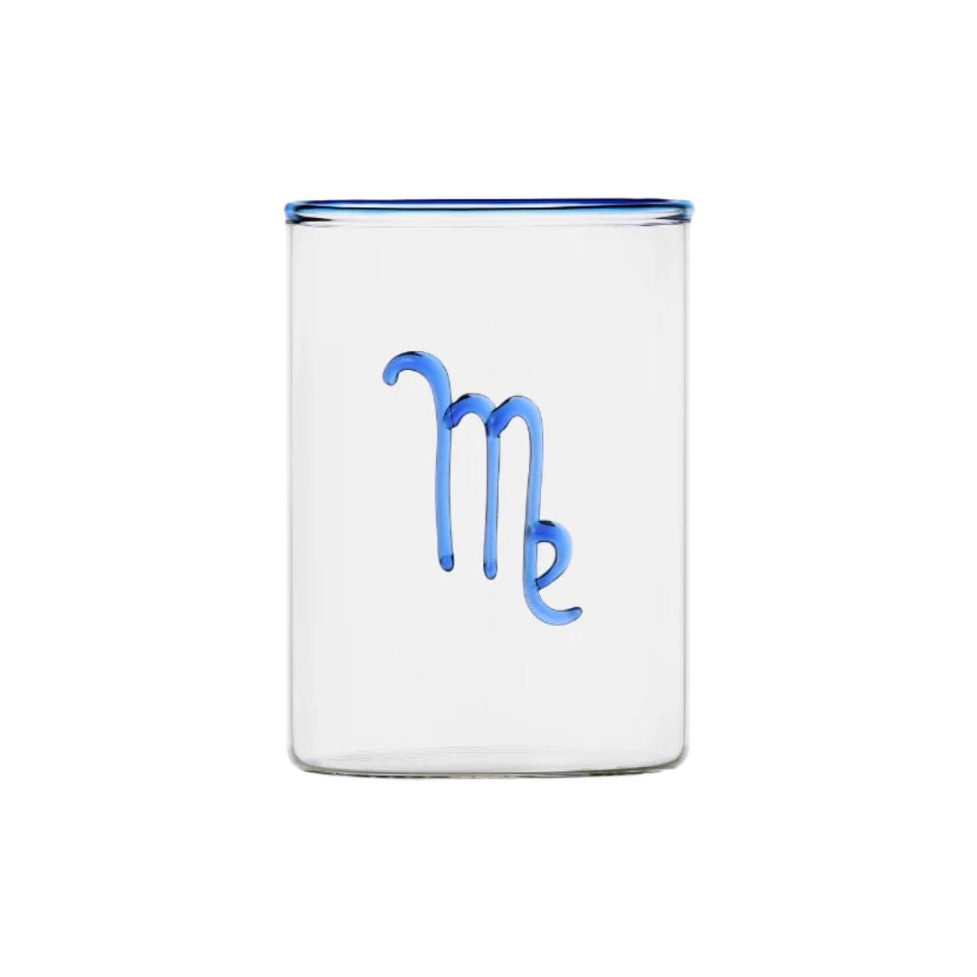 clear glass tumbler with blue rim and blue virgo symbol modern nomad home decor store denver colorado CO