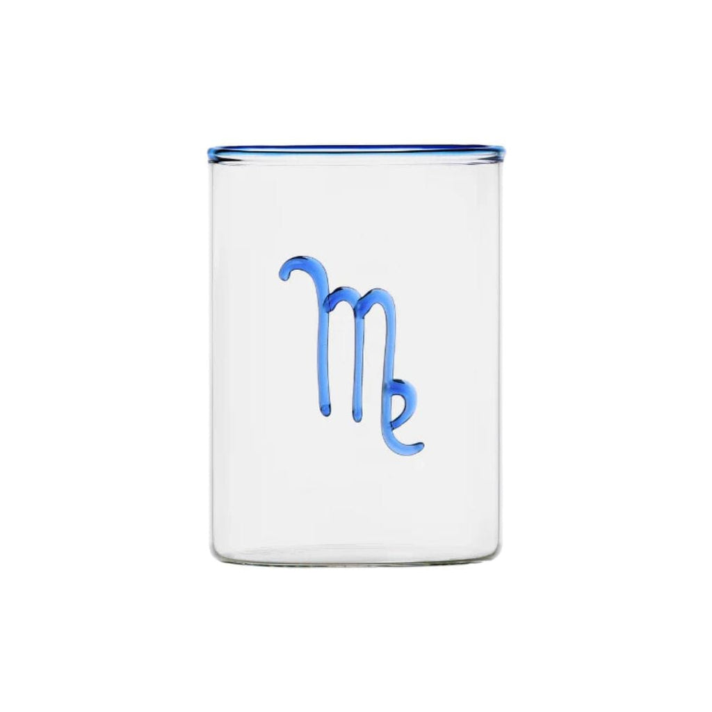 clear glass tumbler with blue rim and blue virgo symbol modern nomad home decor store denver colorado CO