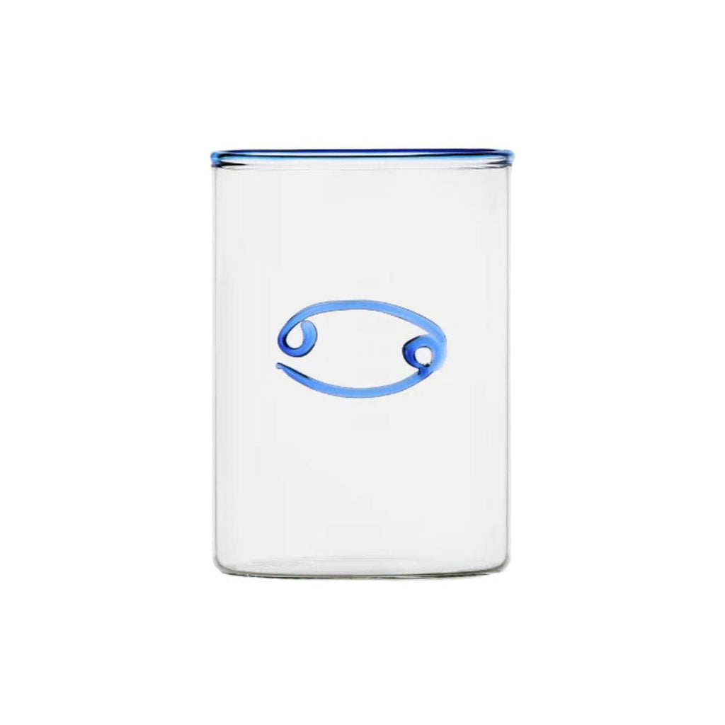 clear glass tumbler with blue rim and blue cancer symbol modern nomad home decor store denver colorado CO
