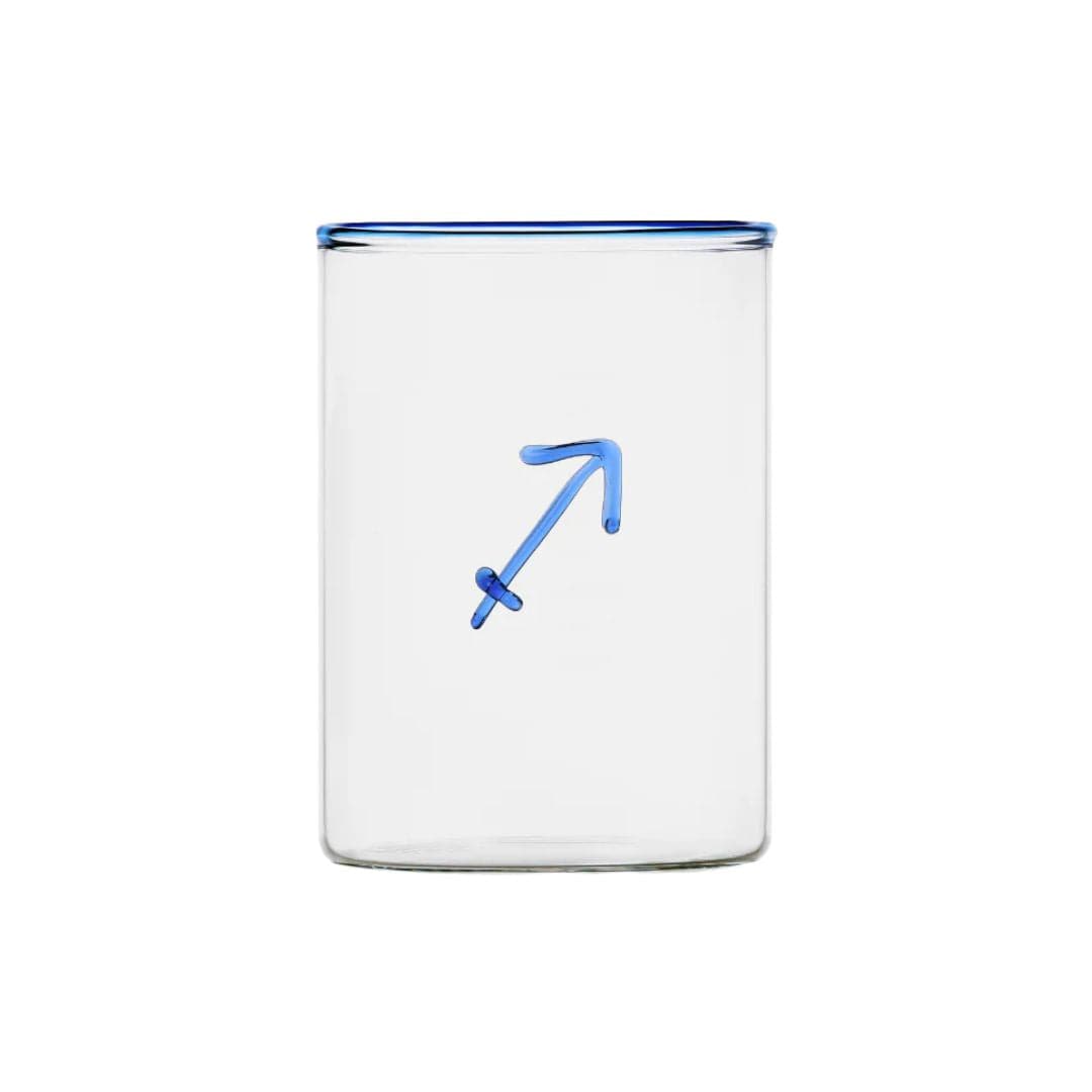 clear glass tumbler with blue rim and blue sagittarius symbol modern nomad home decor store denver colorado CO