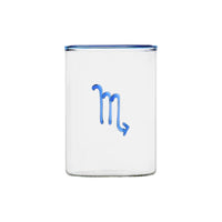 clear glass tumbler with blue rim and blue scorpio symbol modern nomad home decor store denver colorado CO