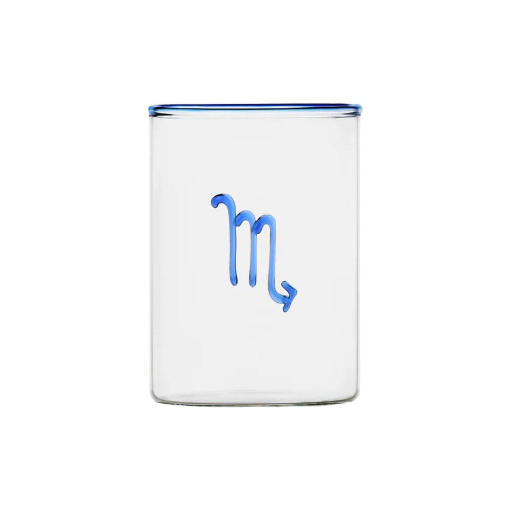 clear glass tumbler with blue rim and blue scorpio symbol modern nomad home decor store denver colorado CO