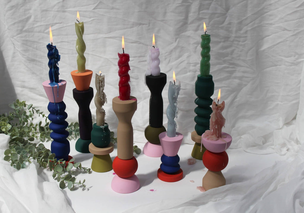  Stacks – Tomato Candlestick Holders in a variety of sizes and color combos 