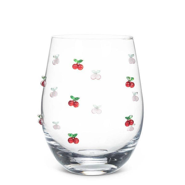 Clear glass with cherry designs on a white background