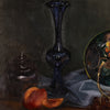 A still life painting featuring a tall dark blue glass vase, sliced peaches, a small dark jar, draped white fabric, and part of a decorative plate on a dark background.