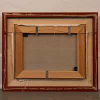 The back view of a framed canvas painting, showing the wooden frame, canvas fabric backing, and hanging hardware against a textured off-white wall.