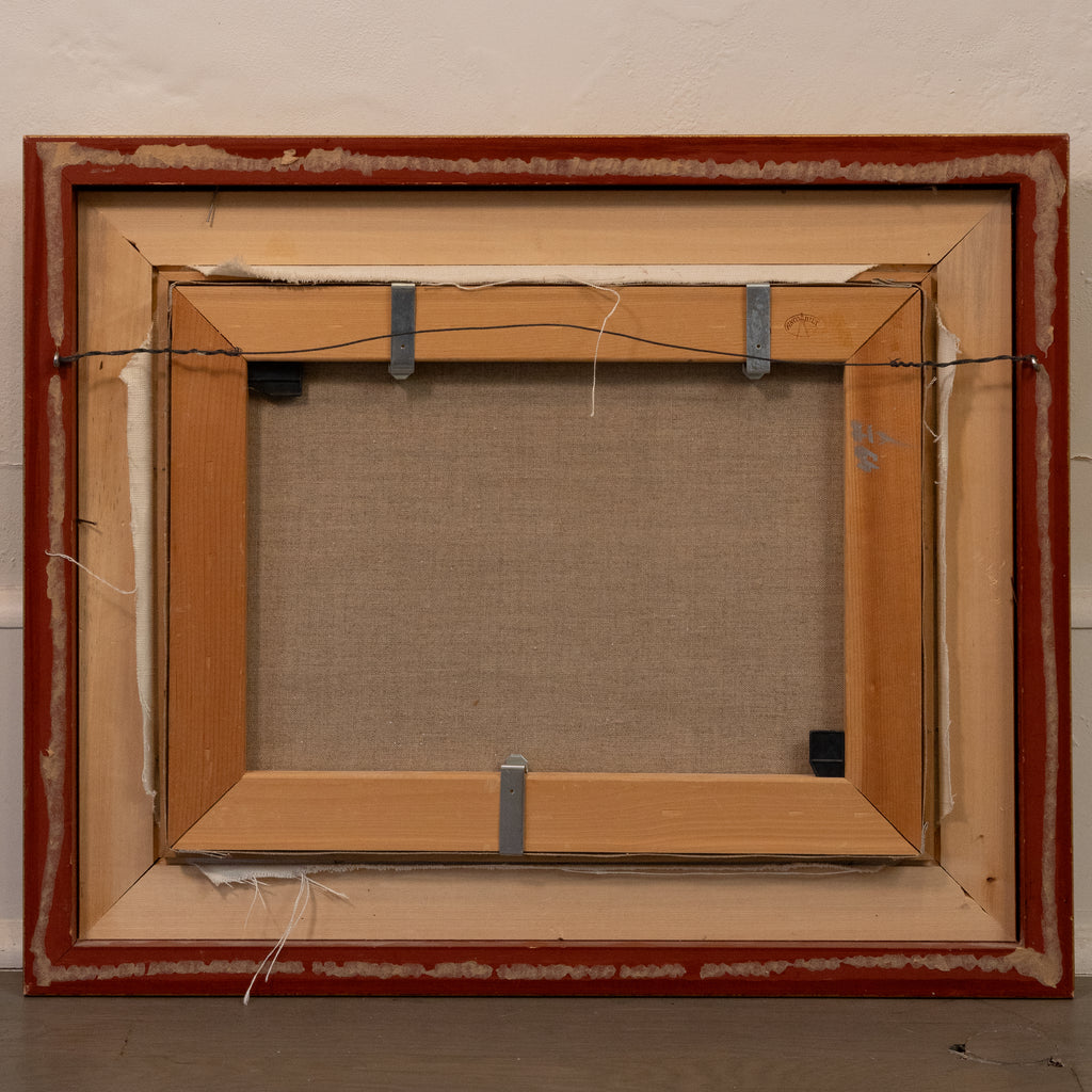 The back view of a framed canvas painting, showing the wooden frame, canvas fabric backing, and hanging hardware against a textured off-white wall.