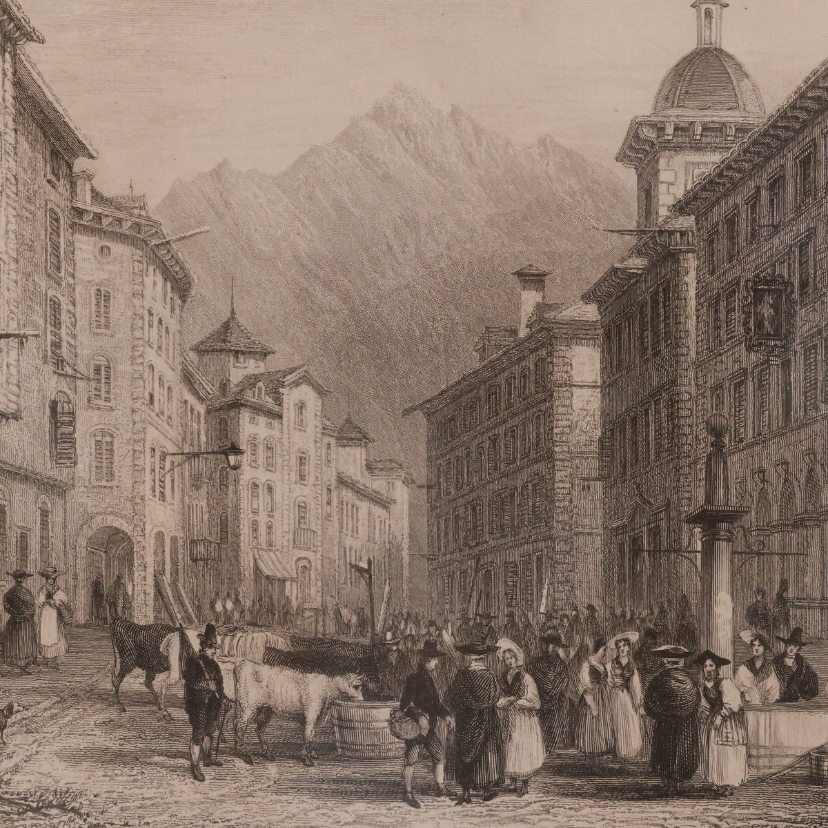 Vintage engraving of a bustling street scene with people and animals in an urban setting with mountains in the background.