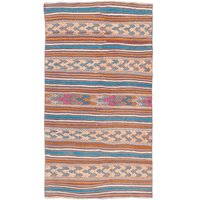 Authentic Turkish Kilim rug with alternating stripe patterns. Handwoven in wool with vibrant rust, teal, and pink tones.
