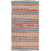 Authentic Turkish Kilim rug with alternating stripe patterns. Handwoven in wool with vibrant rust, teal, and pink tones.