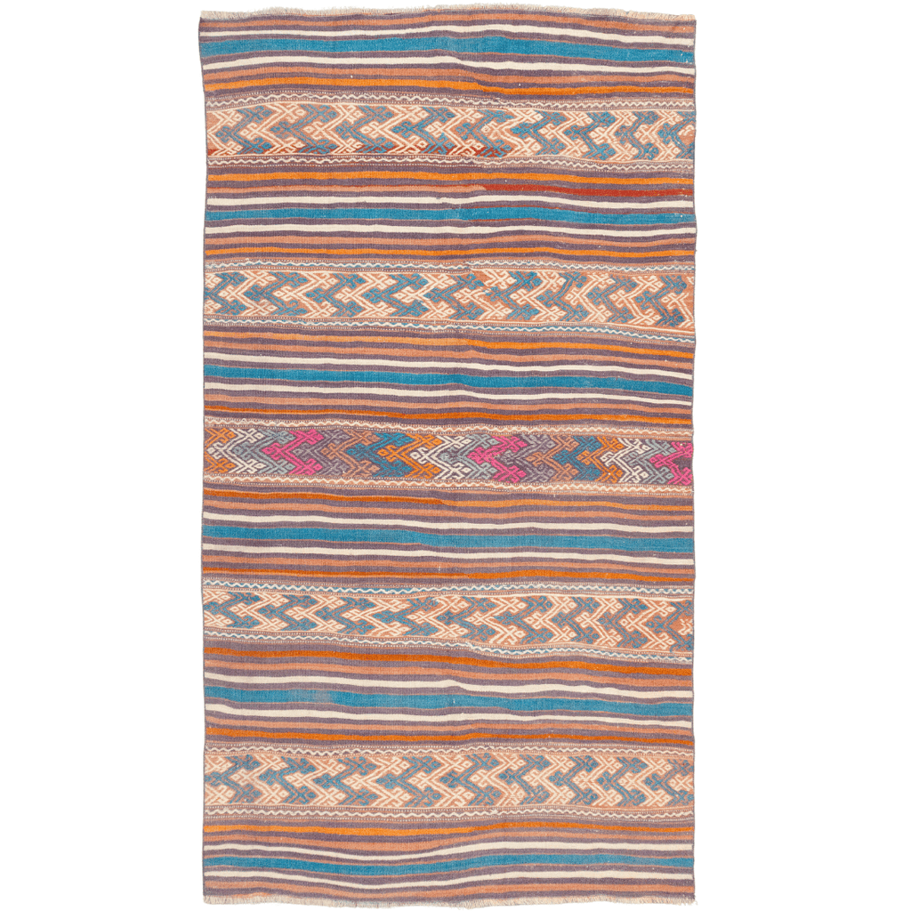 Authentic Turkish Kilim rug with alternating stripe patterns. Handwoven in wool with vibrant rust, teal, and pink tones.