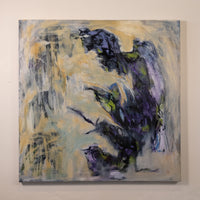 An abstract canvas painting featuring expressive brushstrokes in deep purple, black, yellow, and gray on a light beige background, mounted on a neutral wall.