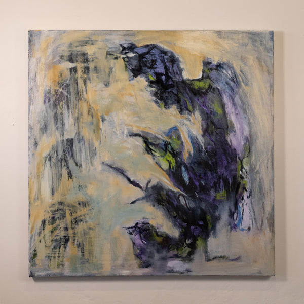 An abstract canvas painting featuring expressive brushstrokes in deep purple, black, yellow, and gray on a light beige background, mounted on a neutral wall.