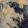 Abstract expressionist painting featuring textured brushstrokes in beige, gold, deep purple, black, gray, and green.