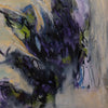 Abstract painting with expressive brushstrokes in deep purple, black, cream, beige, gray, and touches of green and blue.