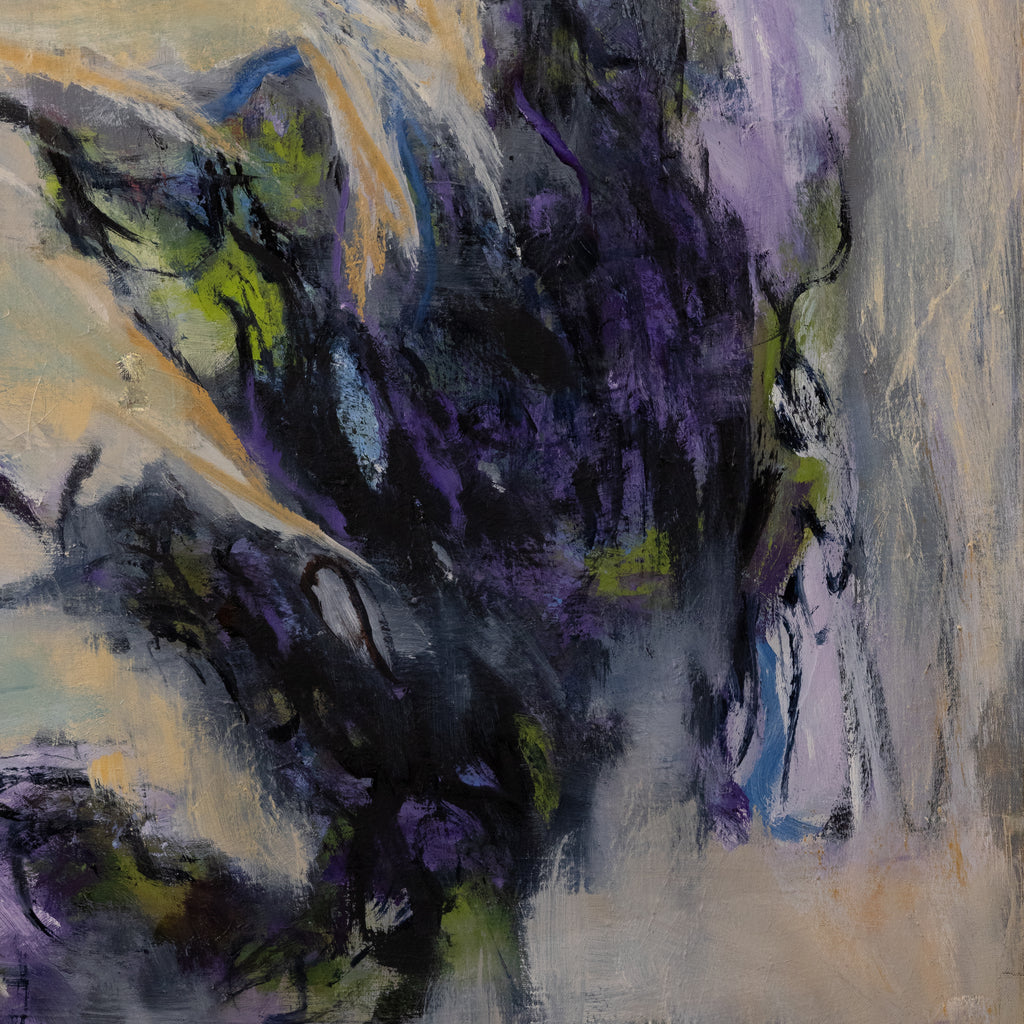 Abstract painting with expressive brushstrokes in deep purple, black, cream, beige, gray, and touches of green and blue.