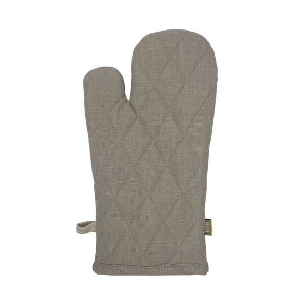 A single quilted oven mitt in a textured taupe-gray fabric, featuring a diamond-quilted pattern and a small woven brand tag on the side, set against a plain white background.