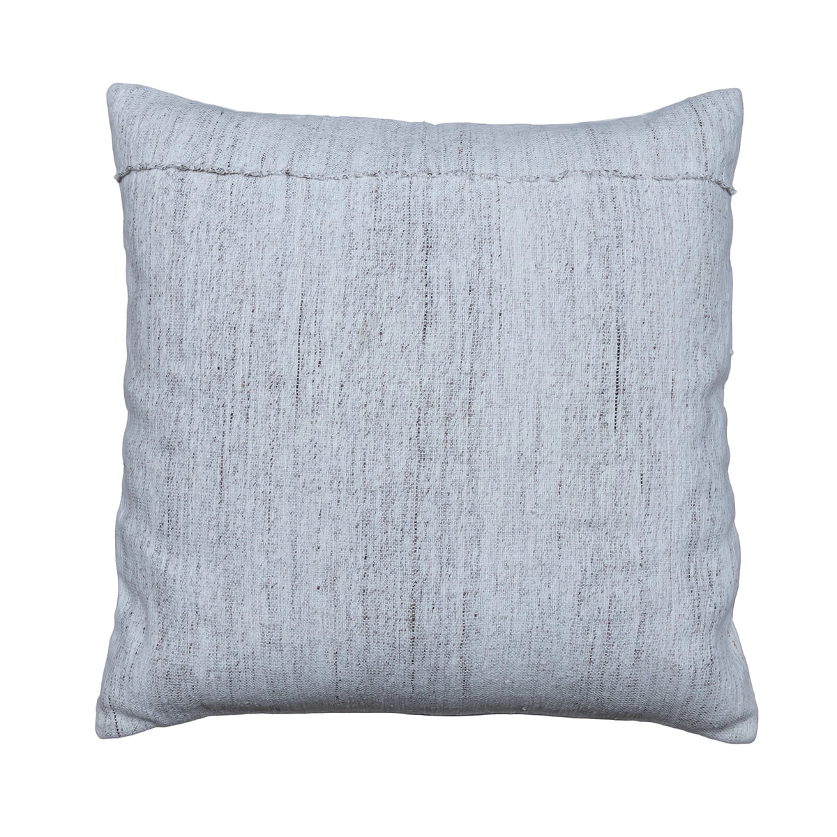 A square throw pillow in a textured light gray linen-like fabric, displayed flat on a rustic gray wooden plank surface.