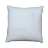 A square white throw pillow with a horizontal stitched seam across the middle, displayed flat on a gray wooden plank surface.